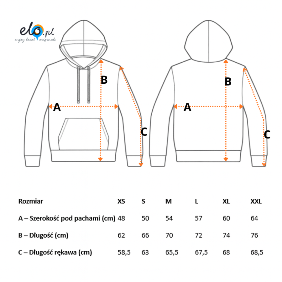 Tabela wymiarów bluzy A Morze Łeba – schematy rozmiarów bluz XS-XXL dla bluzy turystycznej z nadmorskiej miejscowości Łeba