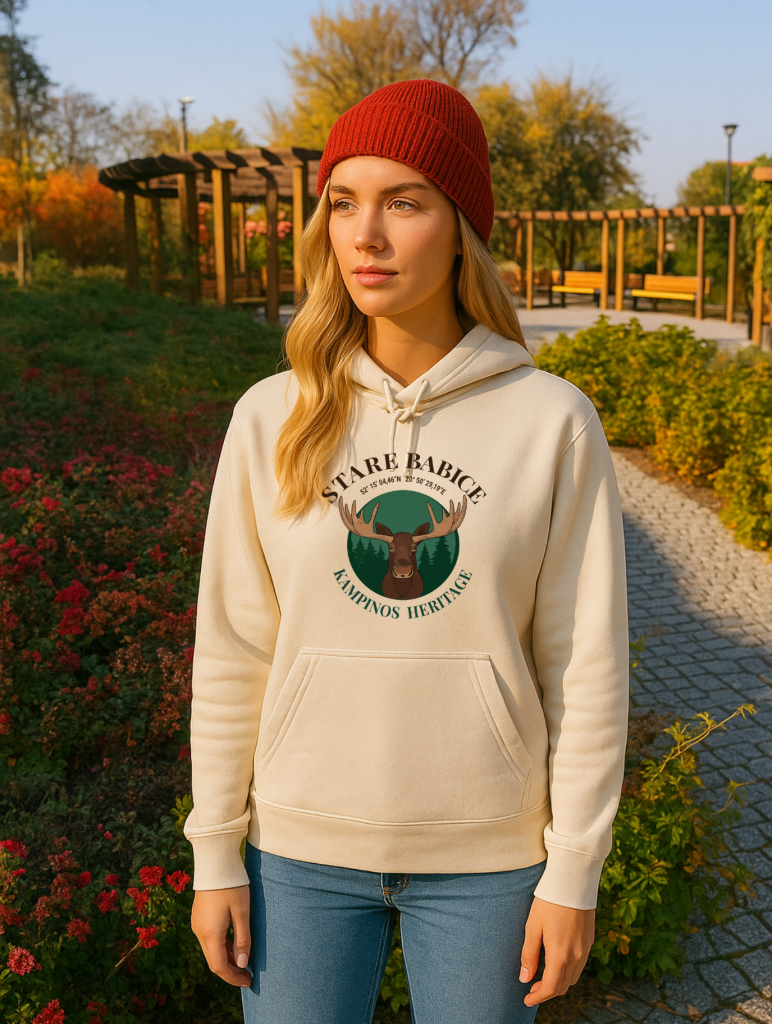 jasna bluza KAMPINOS HERITAGE z białym minimalistycznym nadrukiem Stare Babice, inspirowana Puszczą Kampinoską